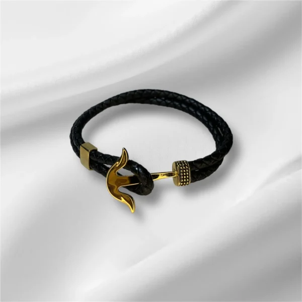 Men’s Black Leather Bracelet with Gold Stainless Steel Anchor Charm